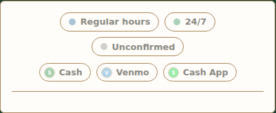 The hours filter pills (Regular hours, 24/7, Unconfirmed) and the payment method filter pills below them, both centered and unselected by default