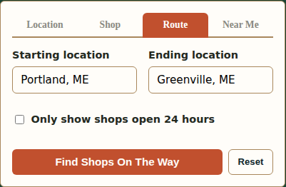 The Route search tab, with starting and ending location fields, a 24-hour checkbox, and Find Shops On The Way and Reset buttons